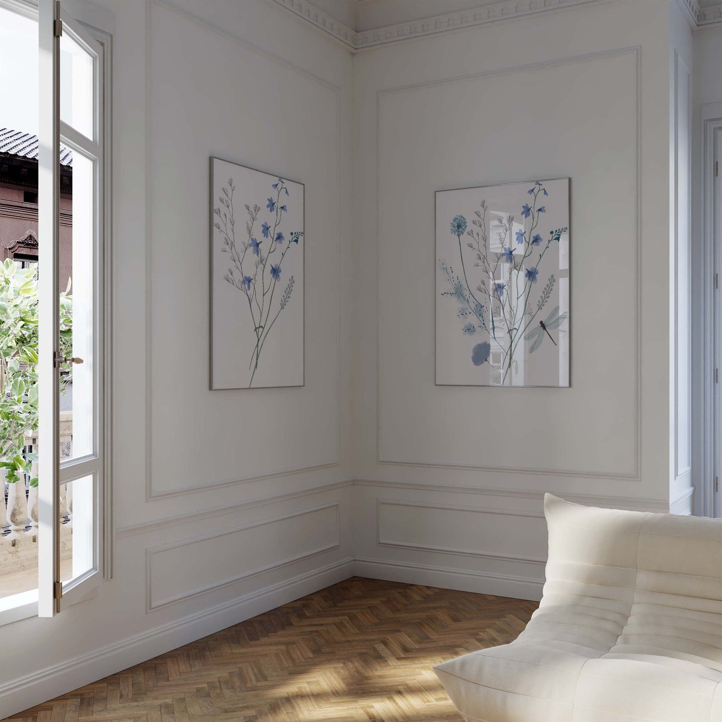 Wildblumen Poster · Geschenkidee · Zarte botanische Blumen mit blauen Blüten und Schmetterlingen · Dekoprint ohne Rahmen