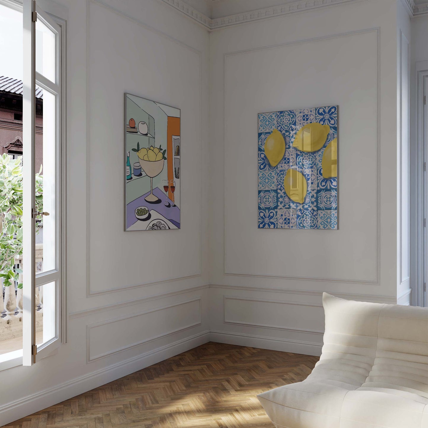 Mediterrane Zitronen Poster · Geschenkidee · Blaue Fliesen, Zitronen und mediterrane Kunst · Dekoprint ohne Rahmen