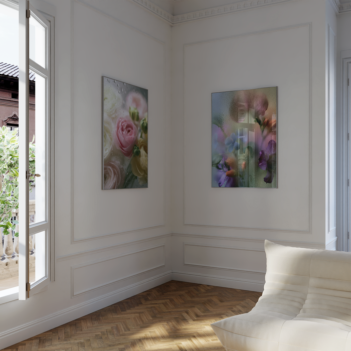 Geschenkidee · Rosen und Ranunkeln hinter Glas Poster Ästhetische Natur Fotografie · Dekoprint ohne Rahmen | JUSTGOODMOOD
