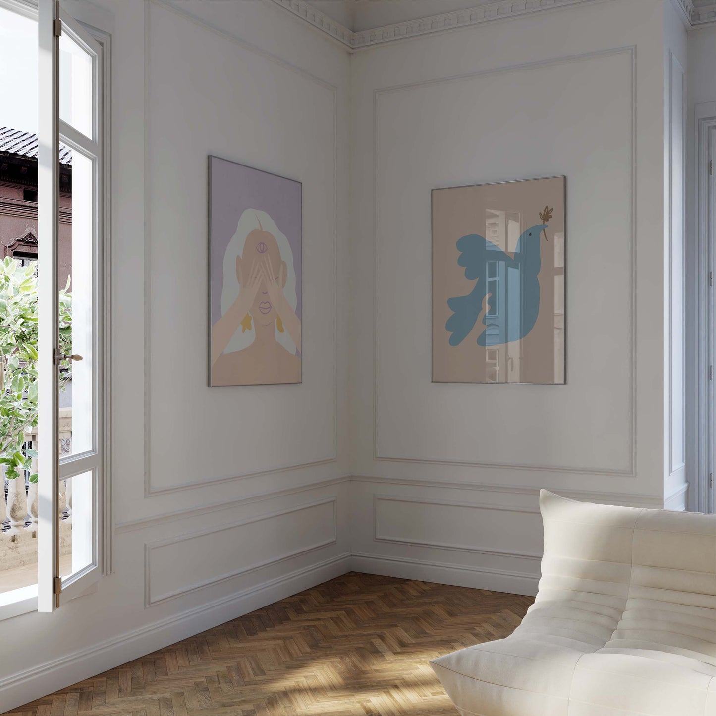 Abstrakte Frauen Kunst Poster · Geschenkidee · Moderne feminine Formen, Blumen und Tauben · Dekoprint ohne Rahmen