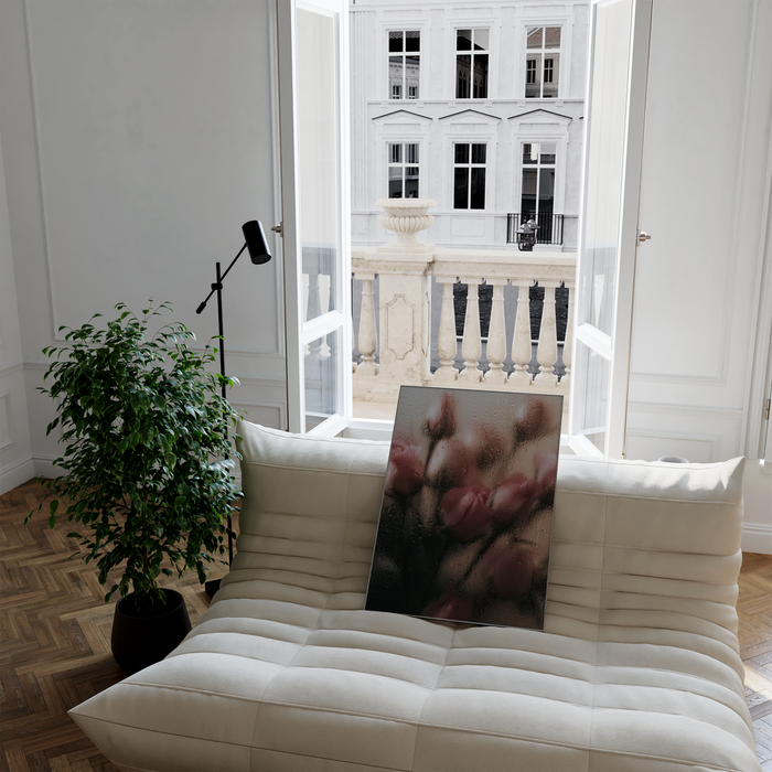 Geschenkidee · Blumen hinter Glas mit Wassertropfen Poster Ästhetische Fotografie Prints · Dekoprint ohne Rahmen | JUSTGOODMOOD