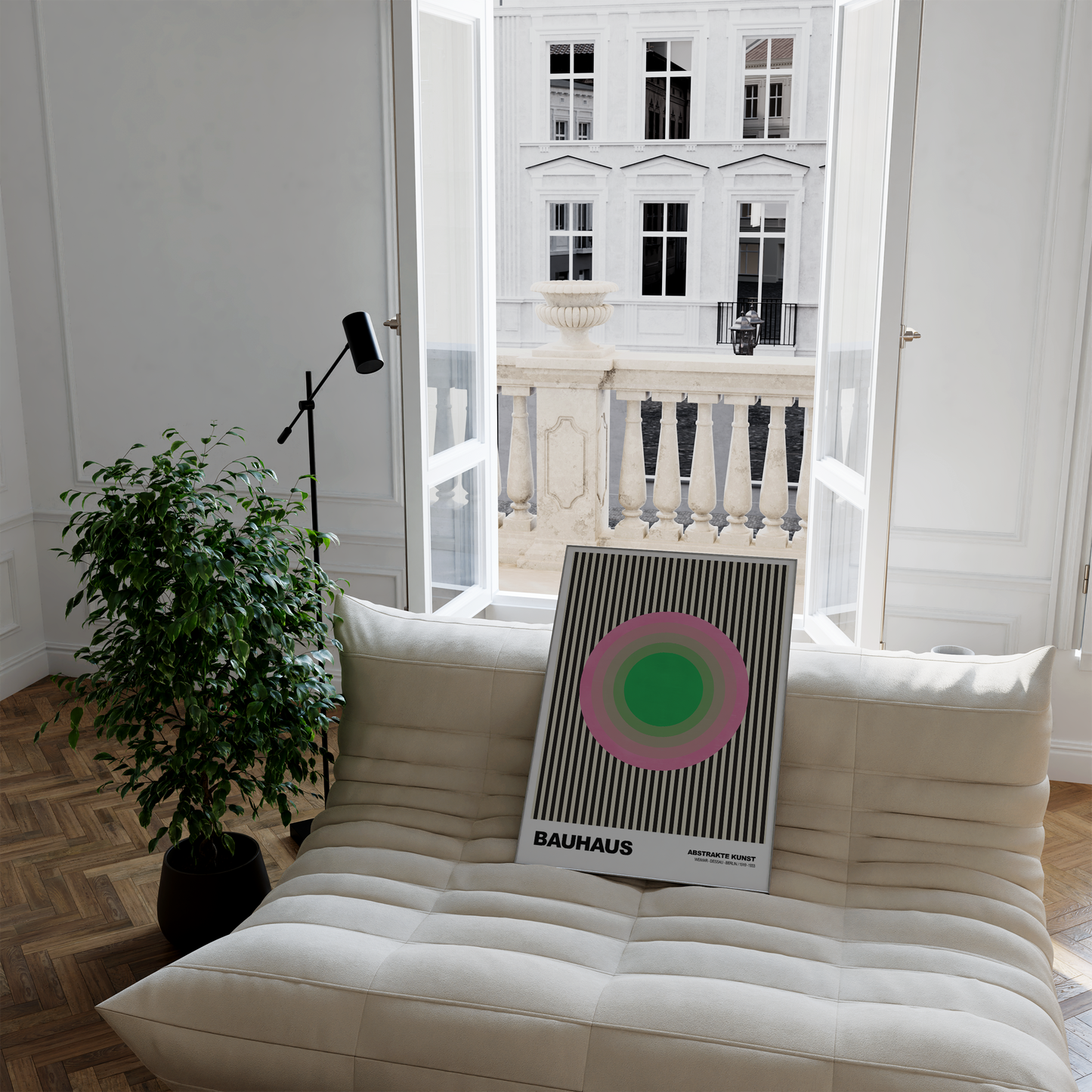 Poster Bauhaus Abstrakte Kunst · Grüner Kreis mit rosa Ringen auf schwarzen Streifen · Geometrisches Retro Wandbild · Print ohne Rahmen
