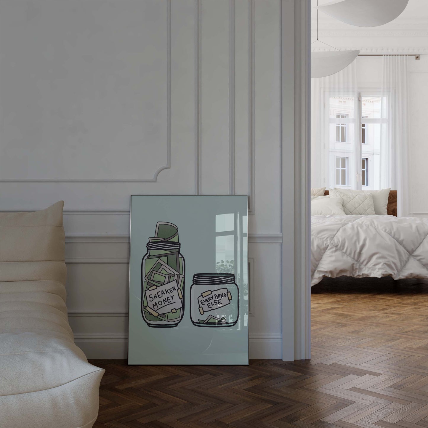 Sneaker Money Glas Illustration Poster · Geschenkidee · Lustiges Spar Design · Streetwear Humor Kunst · Moderne Wanddeko · Print ohne Rahmen