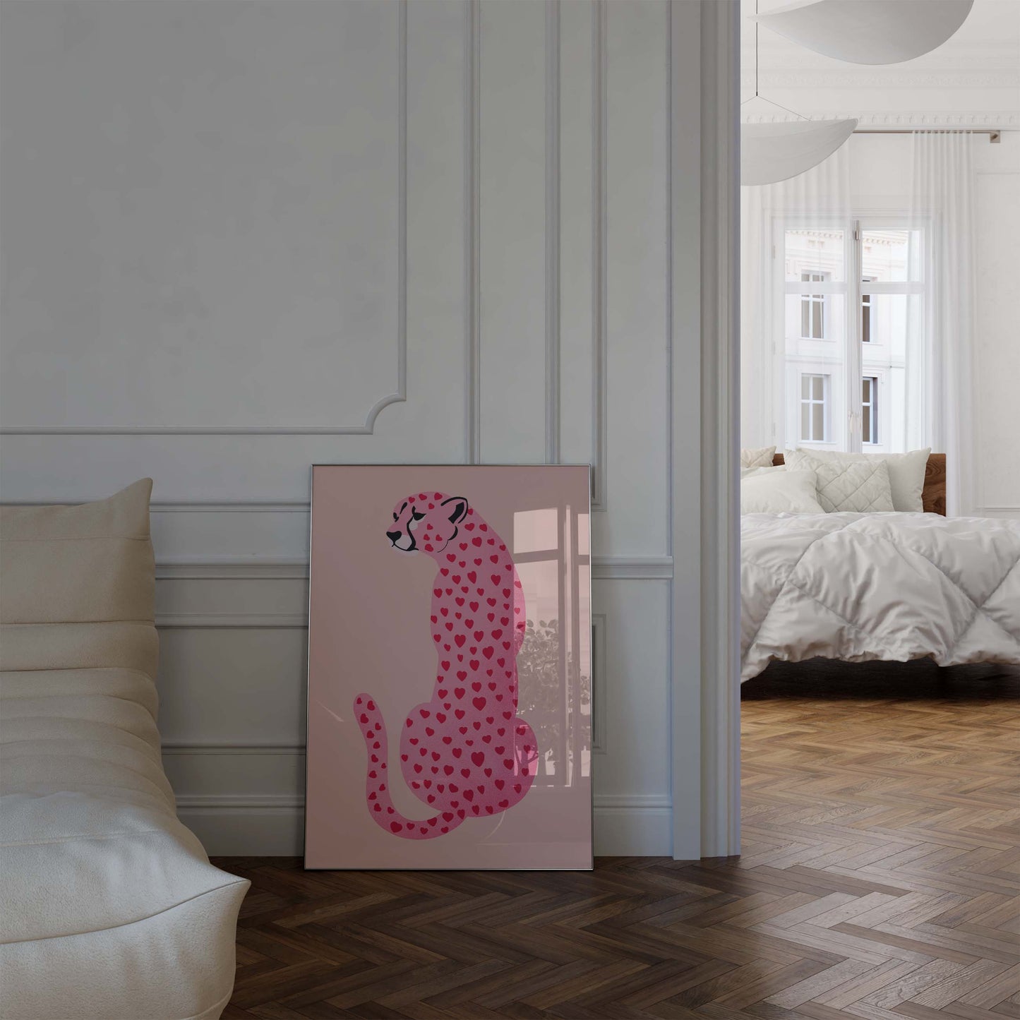 Leopard Poster · Herz Muster · Liebe Illustration · Rosa Ästhetik · Tier Design · Modern · Print ohne Rahmen