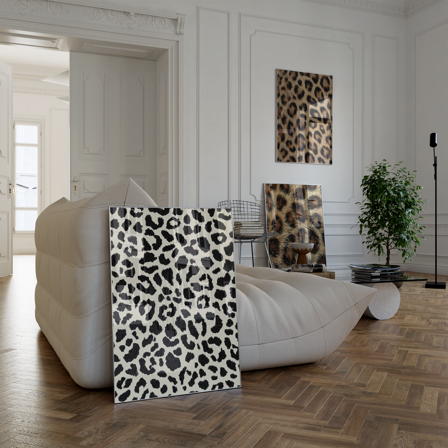 Tiermuster Poster · Geschenkidee · Klassische Raubkatzen Muster Leopard Pelz und Zebrastreifen Texturen · Dekoprint ohne Rahmen