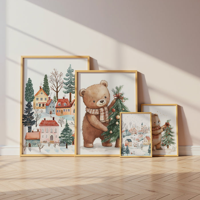 Winterliches Bär Dorf Poster für Kinderzimmer