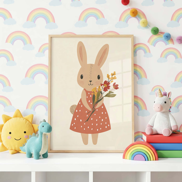Häschen Poster mit Blumen und Kleidung für Kinderzimmer
