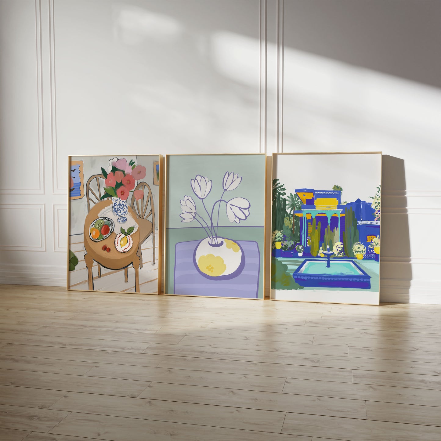 Blumen Poster · Geschenkidee · Bunte Blumenvasen, Stillleben und Abstrakte Wellenkunst · Dekoprint ohne Rahmen