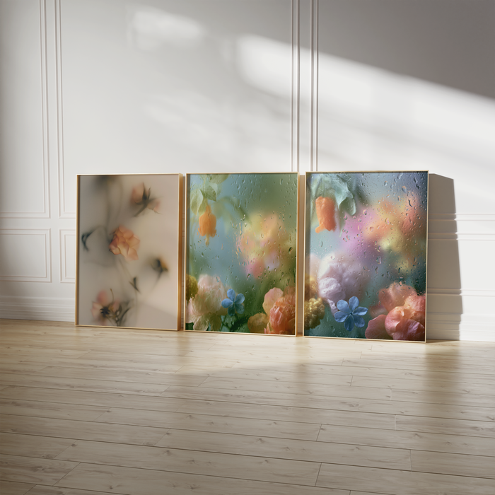 Geschenkidee · Blumen hinter Glas mit Wassertropfen Poster Ästhetische Fotografie Prints · Dekoprint ohne Rahmen | JUSTGOODMOOD
