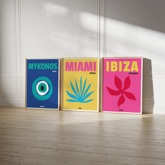 Reiseposter · Geschenkidee · Capri Ibiza Miami Mykonos Palm Beach Tulum · Minimalistische Wandkunst · Dekoprint ohne Rahmen