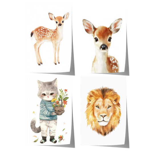 Tiere Kinderzimmer Süß Aquarell Reh Katze Löwe Poster · Kinderzimmer Bilder · Wand Deko · Kunst Druck · Deko Print ohne Rahmen
