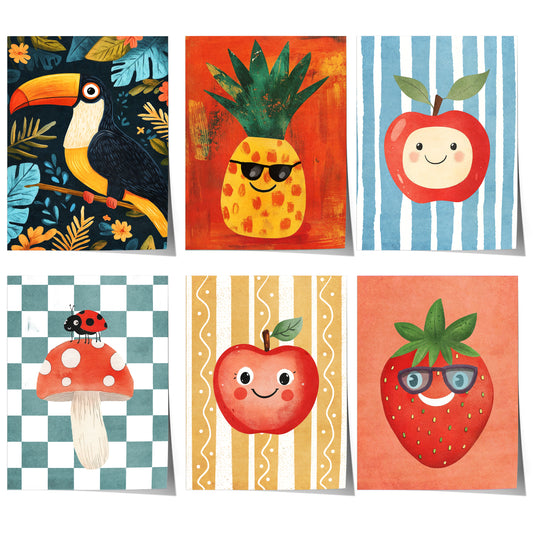 Poster Kinderzimmer Apfel · Erdbeere · Ananas · Tukan · Geschenkidee für Kinder · Rot & Blau · Obst & Dschungel · Deko Print ohne Rahmen