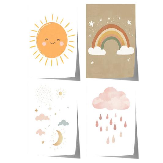 Boho Kinderzimmer Minimal Süß Aquarell Sonne Regenbogen Wolken Poster · Kinderzimmer Bilder · Wand Deko · Kunst Druck · Deko Print ohne Rahmen