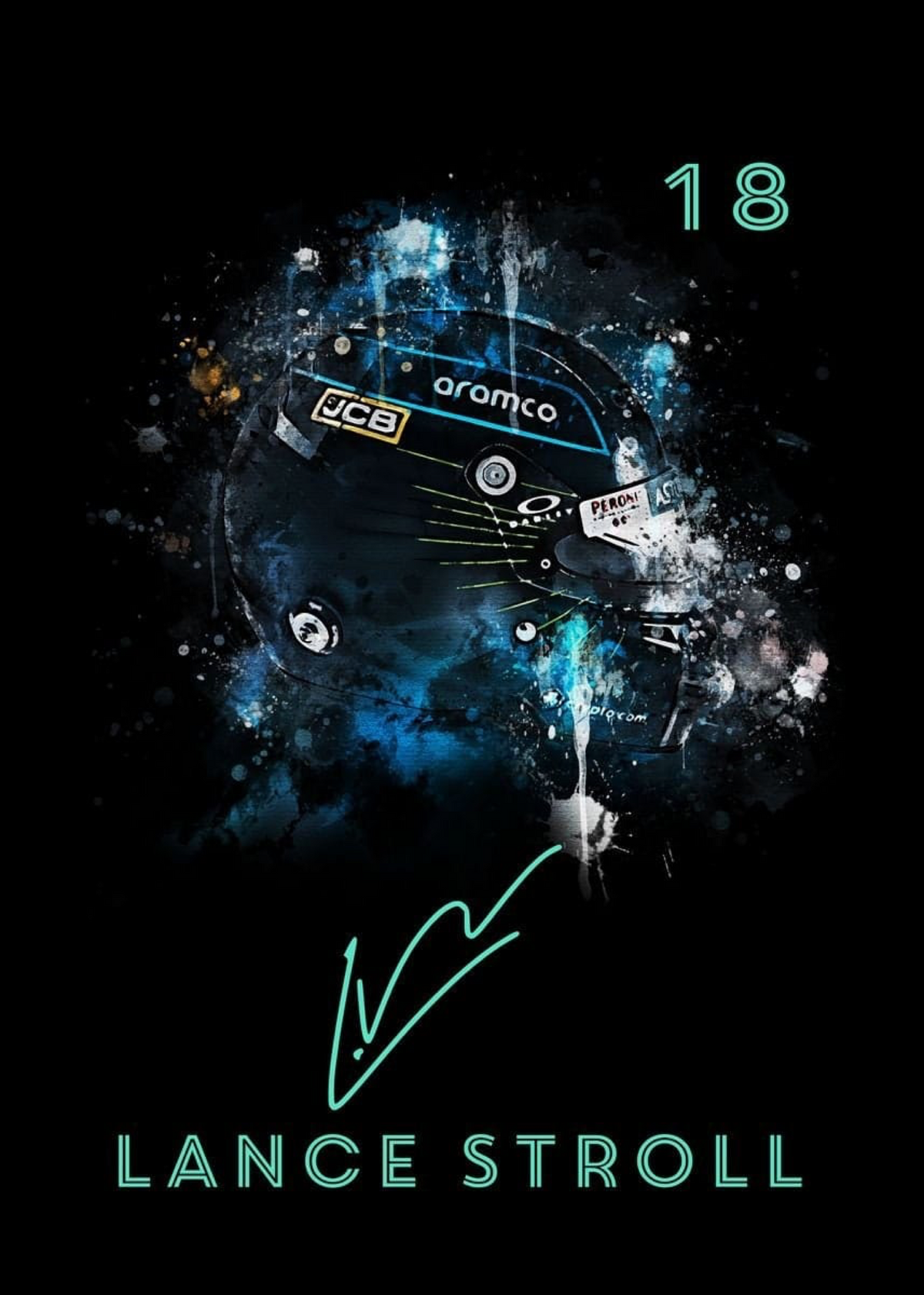 Poster Formel 1 Helm Aquarell Rennfahrer Name Unterschrift Rennnummer · Deko Print ohne Rahmen