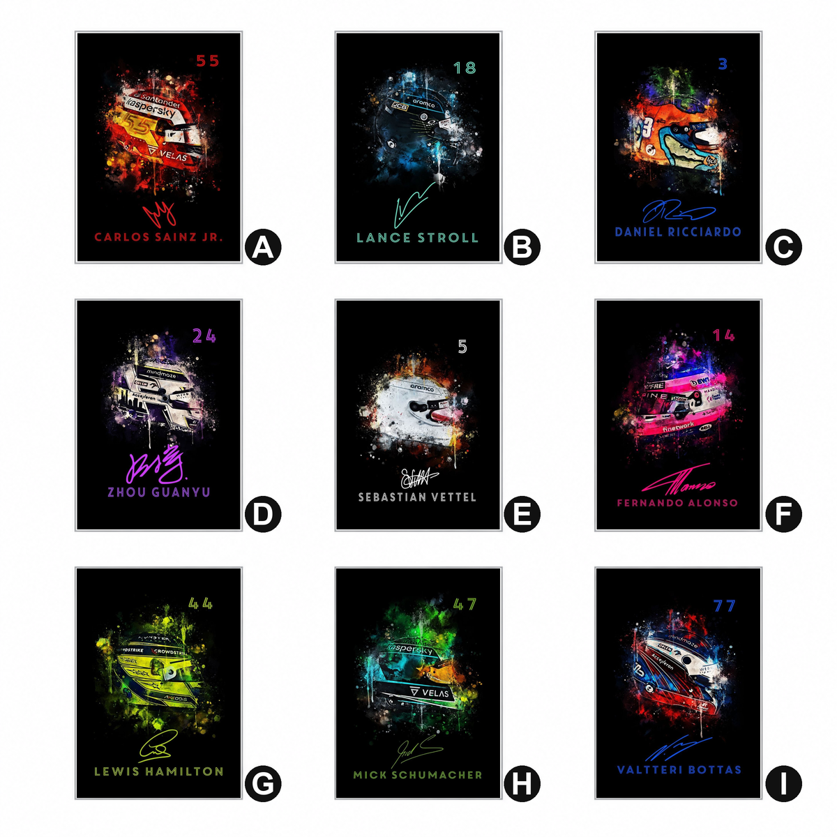 Variantenübersicht Formel-1-Helm-Poster: A Sainz, B Stroll, C Ricciardo, D Guanyu, E Vettel, F Alonso, G Hamilton, H Schumacher, I Bottas