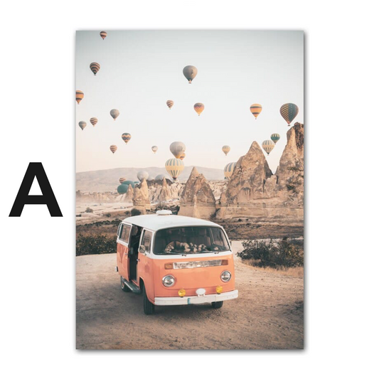 Poster Strand Burg Heißluftballon Kappadokien Buggy Kaffee Zitat · Wandbilder Wohnzimmer & Schlafzimmer ·  Deko Print Bilder · ohne Rahmen