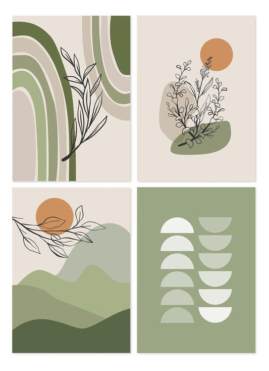 Poster Blätter Boho Geometrische Formen Grün | Bilder Wohnzimmer | Wandbilder Schlafzimmer | Deko Print ohne Rahmen | Bilder  Kunstdruck