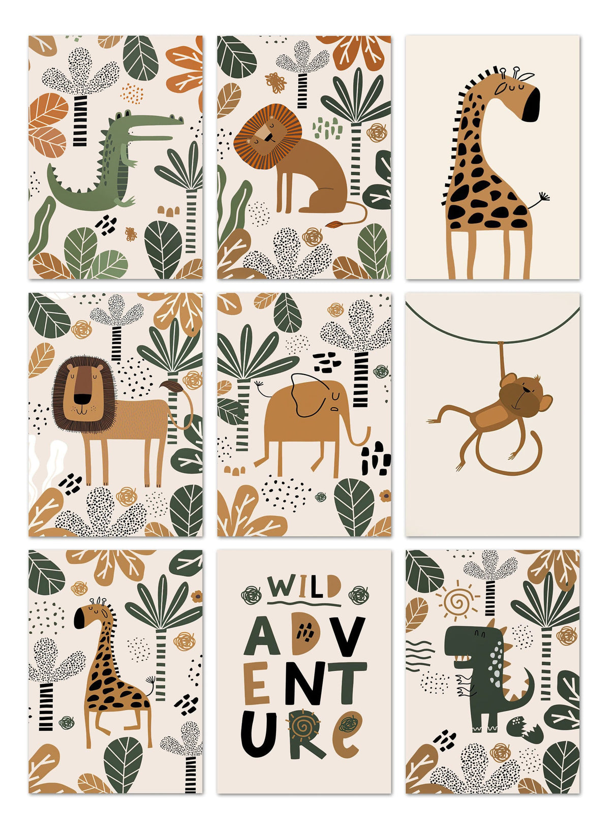 Poster Safari Abenteuer Löwe Giraffe · Kinderzimmer Wandbilder · Spielzimmer Dekoration ·  Wand Deko Print · ohne Rahmen