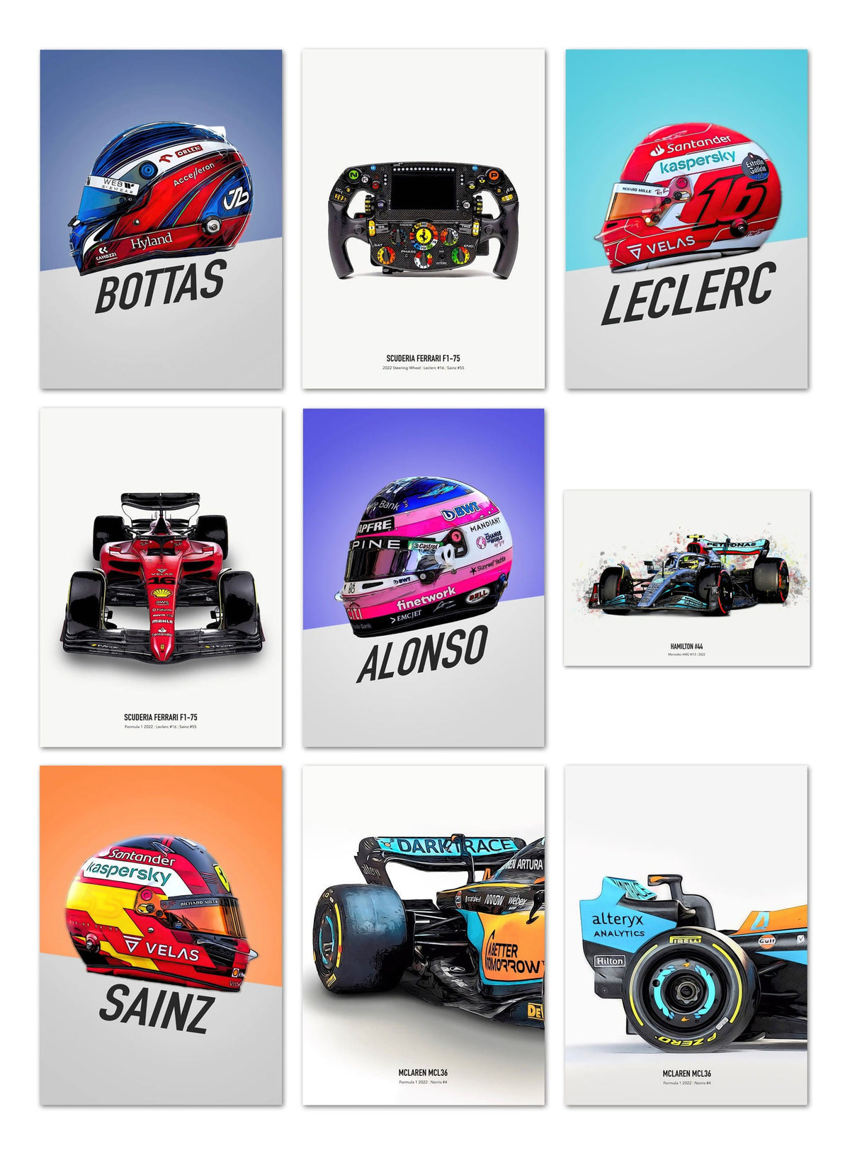 Poster Formel 1 Rennwagen Helm Rennfahrername · Deko Print ohne Rahmen