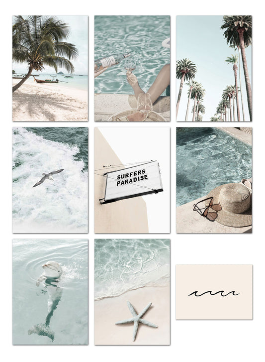 Poster Strand Wellen Meer Palmen Delfin Sonnenbrille Hut · Wandbilder Wohnzimmer & Schlafzimmer ·  Wand Deko · Kunst Druck · ohne Rahmen