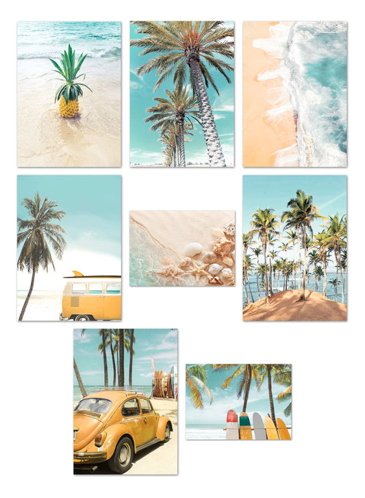 Poster Palmen Strand Muscheln Käfer Surfbretter Ananas · Wandbilder Wohnzimmer & Schlafzimmer ·  Wand Deko · Kunst Druck · ohne Rahmen