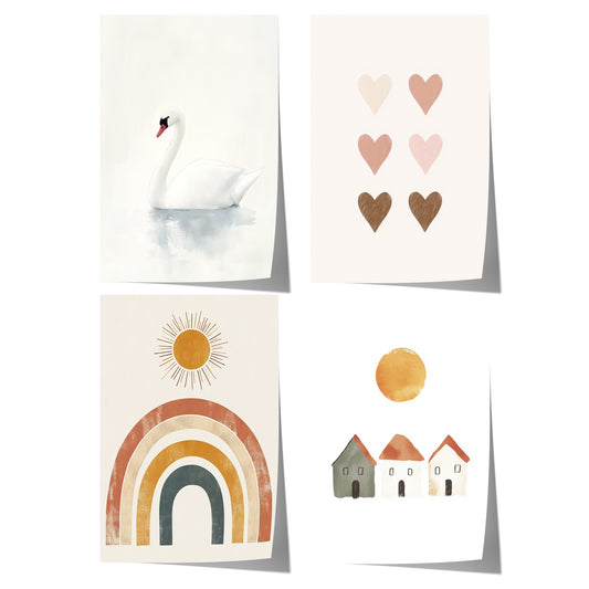 Boho Kinderzimmer Minimal Süß Aquarell Schwan Regenbogen Sonne Poster · Kinderzimmer Bilder · Wand Deko · Kunst Druck · Deko Print ohne Rahmen