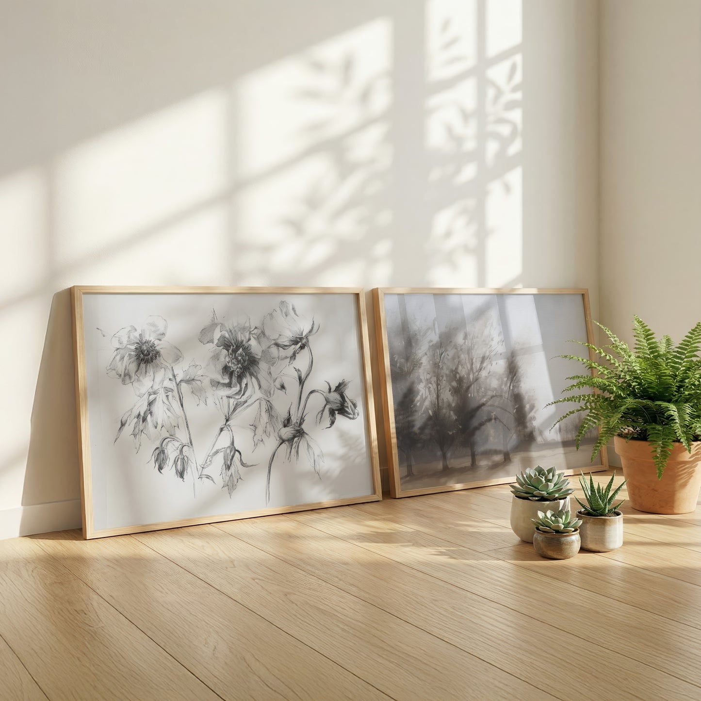 Moderne Natur Poster · Geschenkidee · Wald Blumenzeichnung Hase Herbstlandschaft · Dekoprint ohne Rahmen