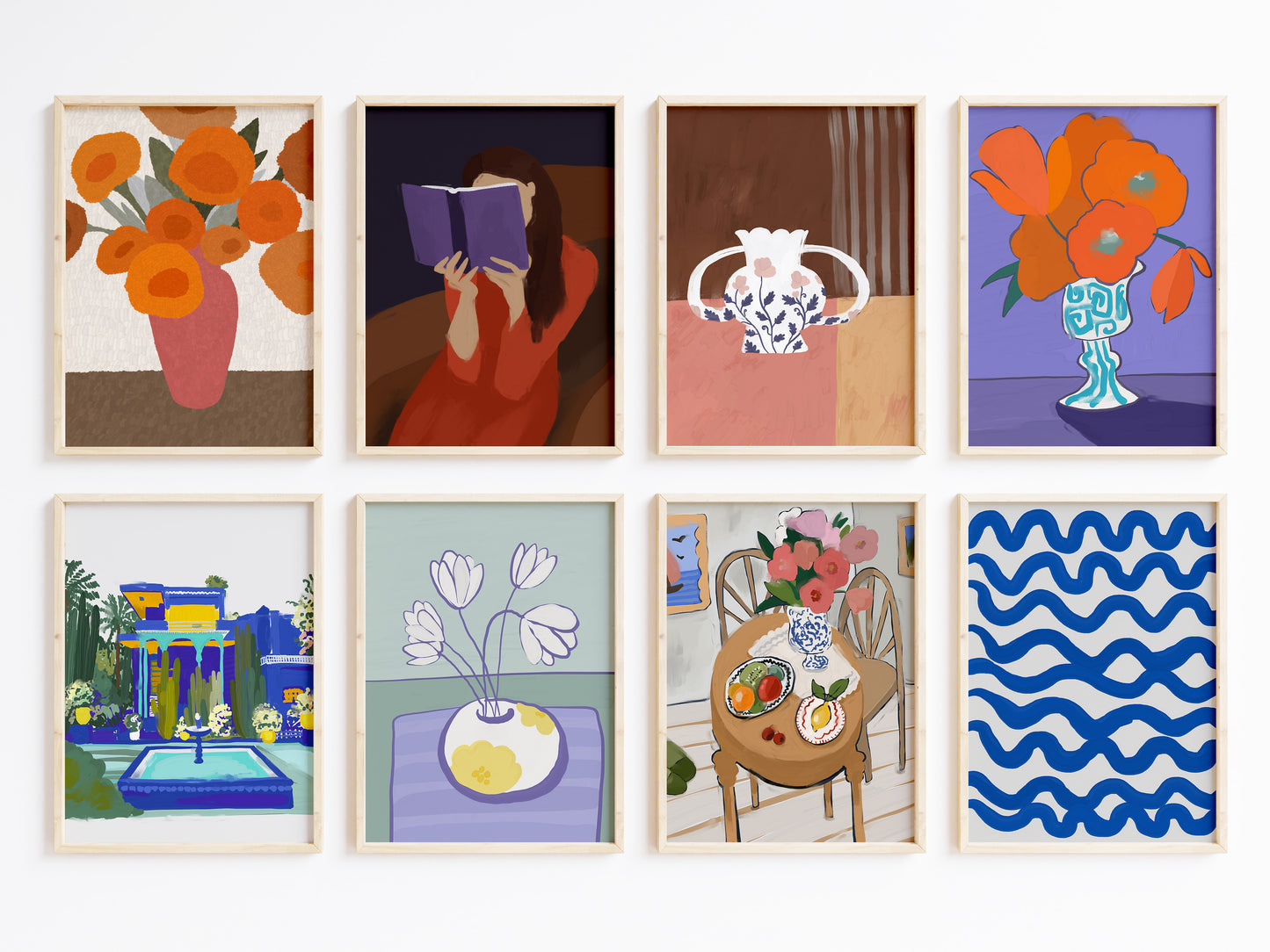Blumen Poster · Geschenkidee · Bunte Blumenvasen, Stillleben und Abstrakte Wellenkunst · Dekoprint ohne Rahmen