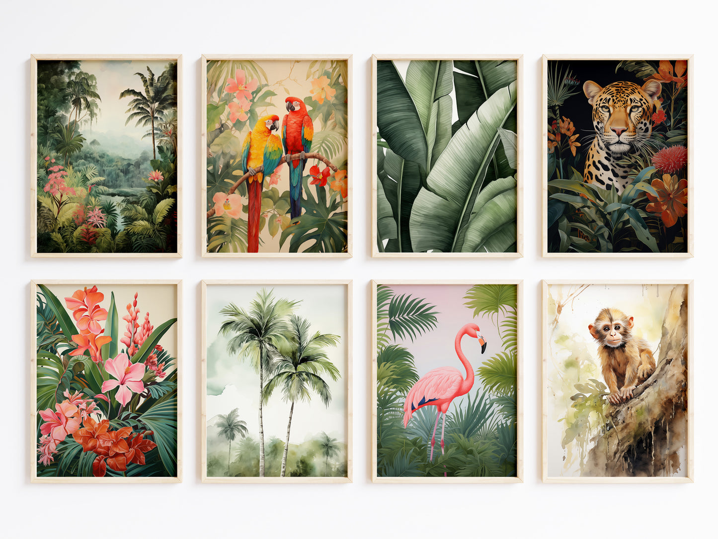 Dschungel Poster · Geschenkidee · Aquarell mit Leopard Papageien Flamingo · Wohnzimmer Deko · Dekoprint ohne Rahmen