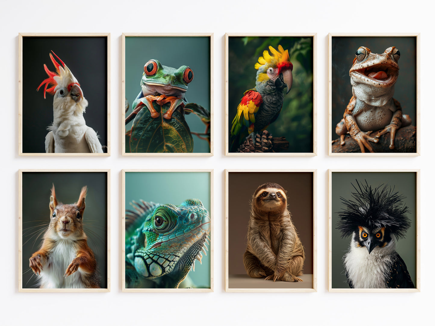 Exotische Tierporträts Poster · Geschenkidee · Kakadu, Papagei, Frosch, Gecko, Faultier und Eule · Dekoprint ohne Rahmen