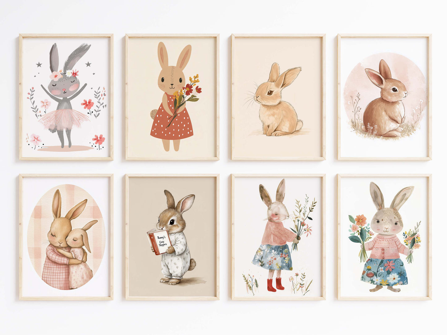 Häschen Poster · Geschenkidee · Aquarell mit Blumen und niedlichen Hasen · Kinderzimmer Deko · Dekoprint ohne Rahmen