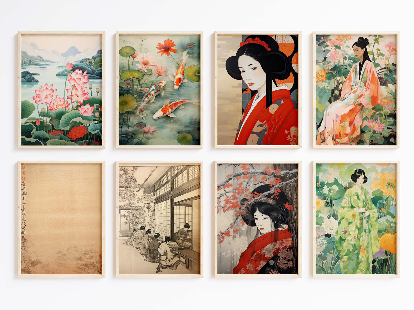 Japan Poster · Geschenkidee · Geisha Kirschblüten Koi und Lotus im Japandi Stil · Dekoprint ohne Rahmen
