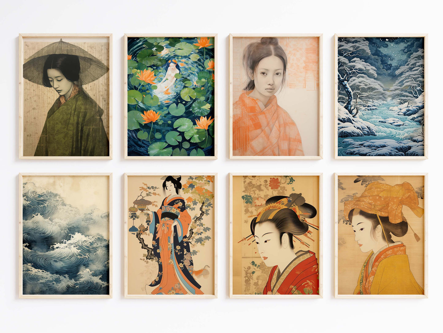 Japan Poster · Geschenkidee · Geisha Ukiyo-e Wellen und Zen Landschaft · Dekoprint ohne Rahmen