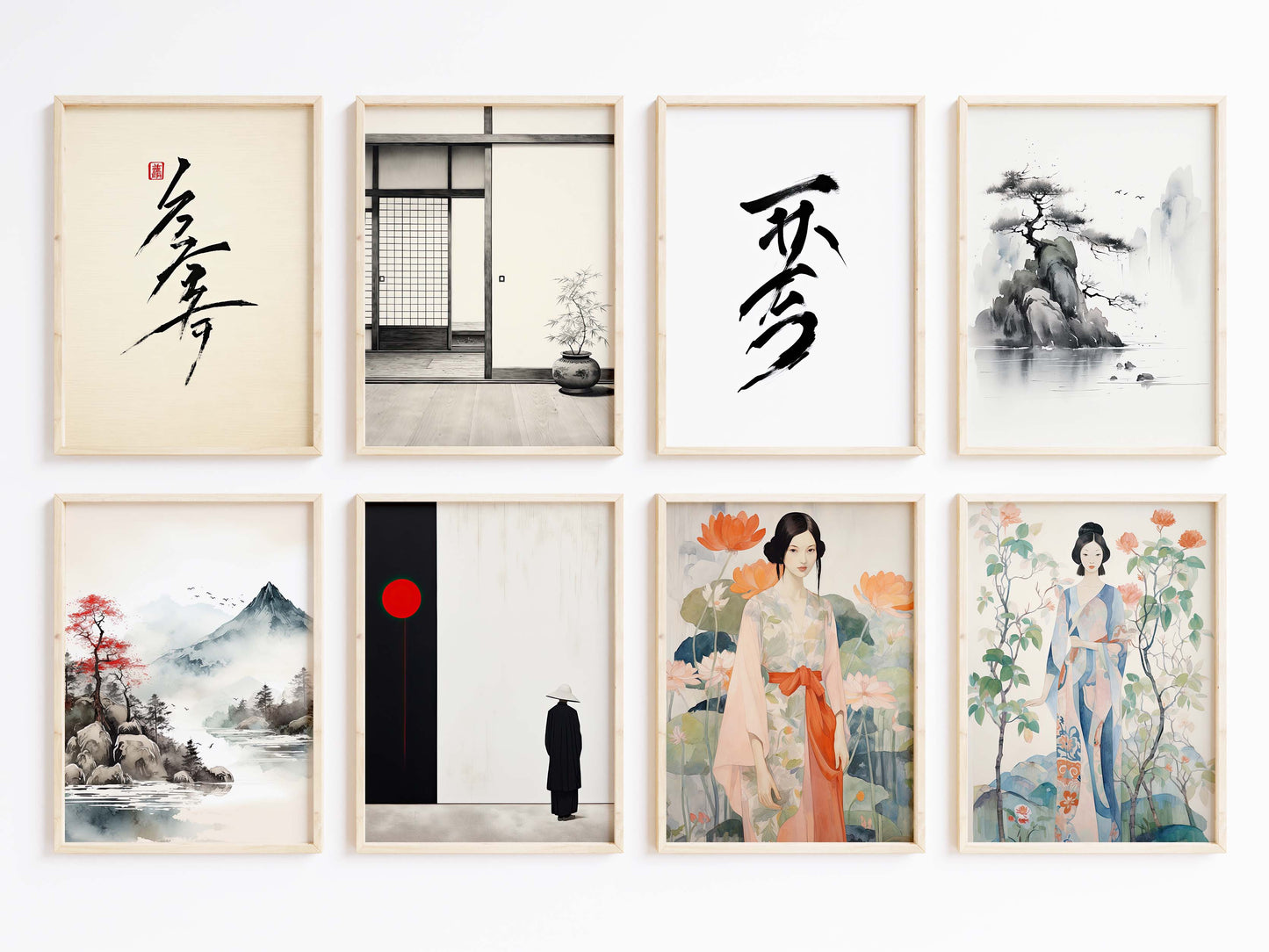 Japan Poster · Geschenkidee · Zen Minimalismus Kalligrafie Geisha und Landschaft · Dekoprint ohne Rahmen