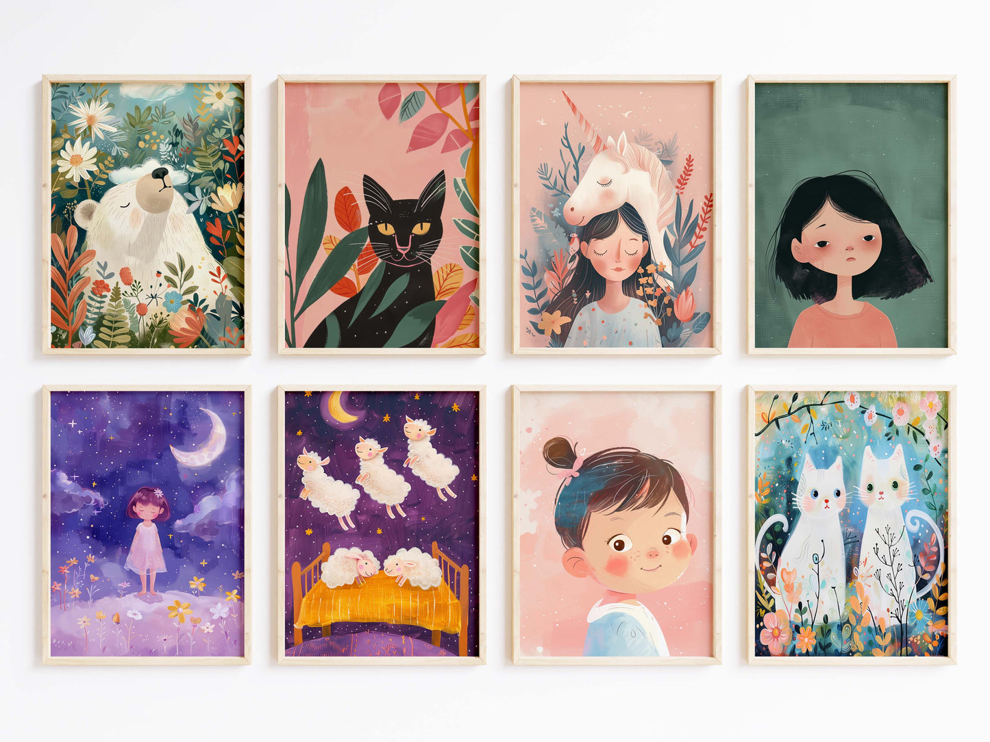 Mädchen Kinderzimmer Poster · Geschenkidee · Märchenhafte Illustration mit Einhorn und Katzen · Kinderzimmer Deko · Dekoprint ohne Rahmen