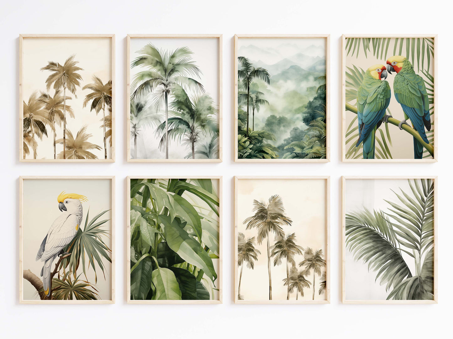 Tropische Palmen Poster · Geschenkidee · Papageien und Botanische Dschungelkunst · Wohnzimmer Dekoprint ohne Rahmen