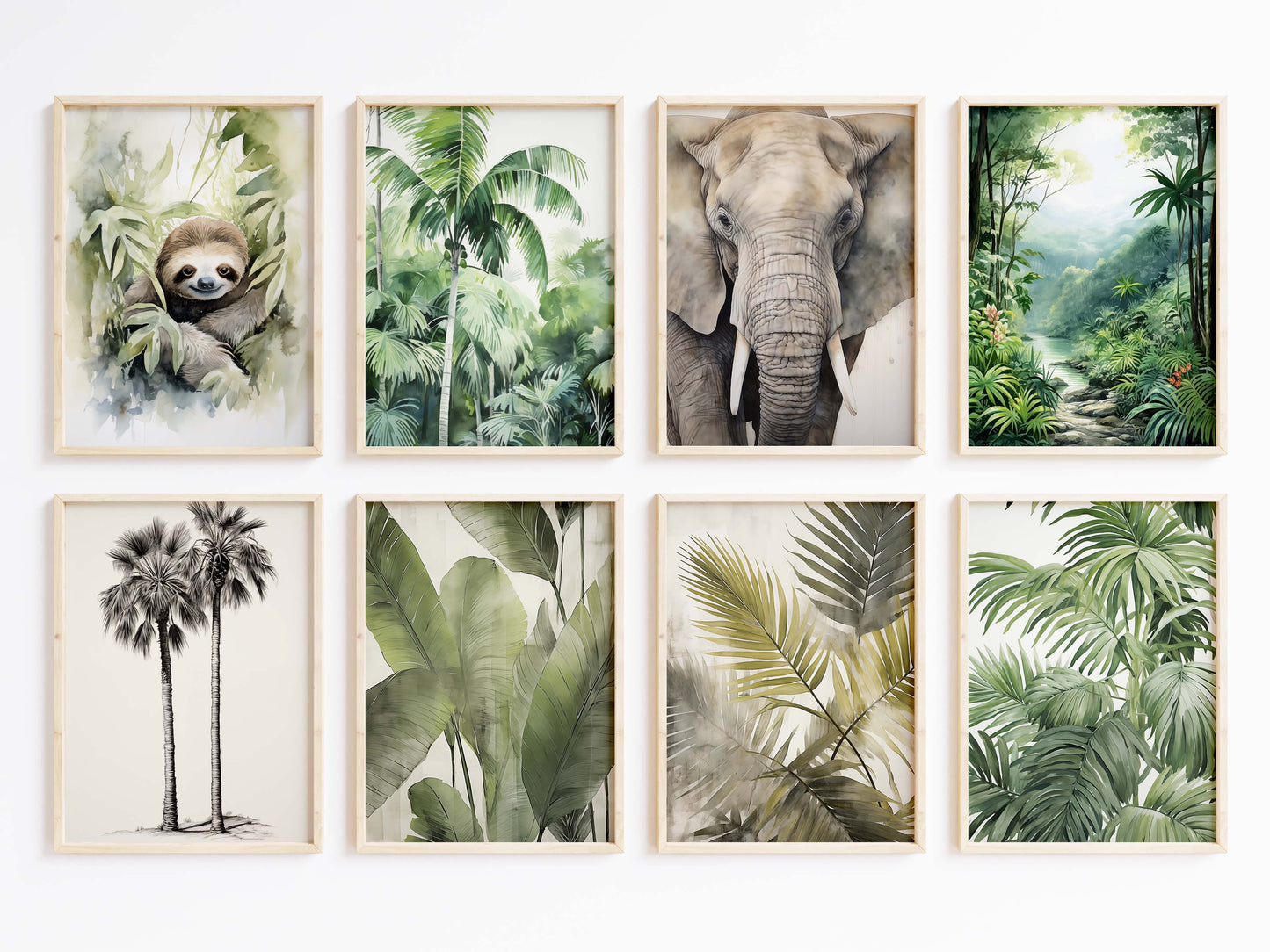 Safari Dschungel Poster · Geschenkidee · Faultier, Elefant und Tropische Pflanzen · Wohnzimmer Dekoprint ohne Rahmen
