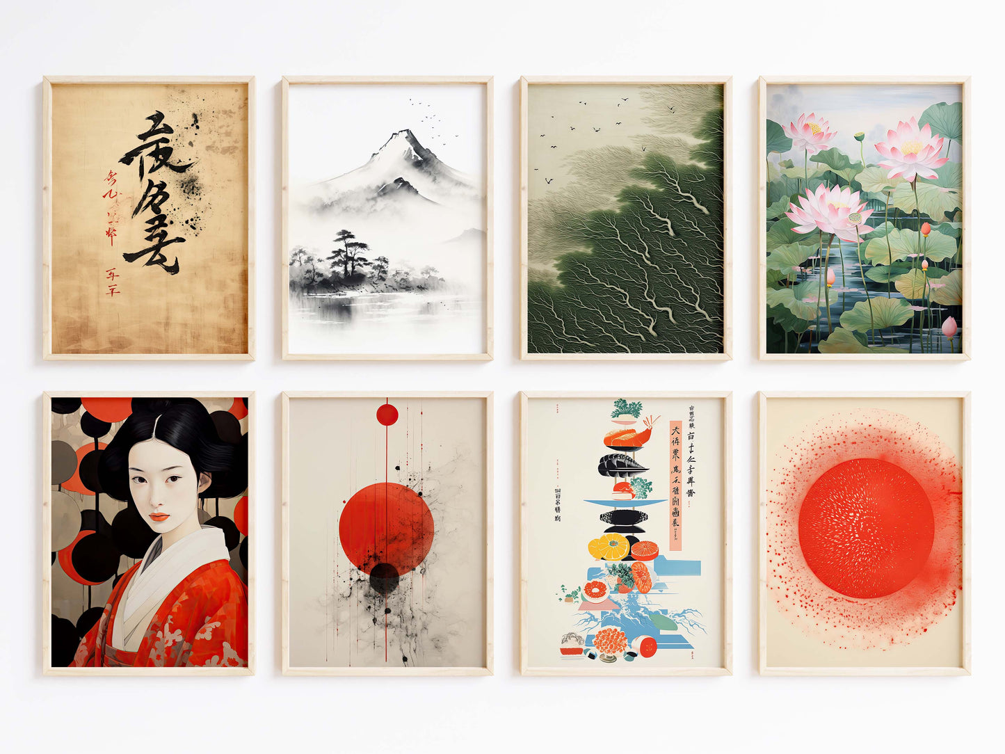 Japan Poster · Geschenkidee · Zen Kalligrafie Fuji Geisha und Lotusblüten · Dekoprint ohne Rahmen