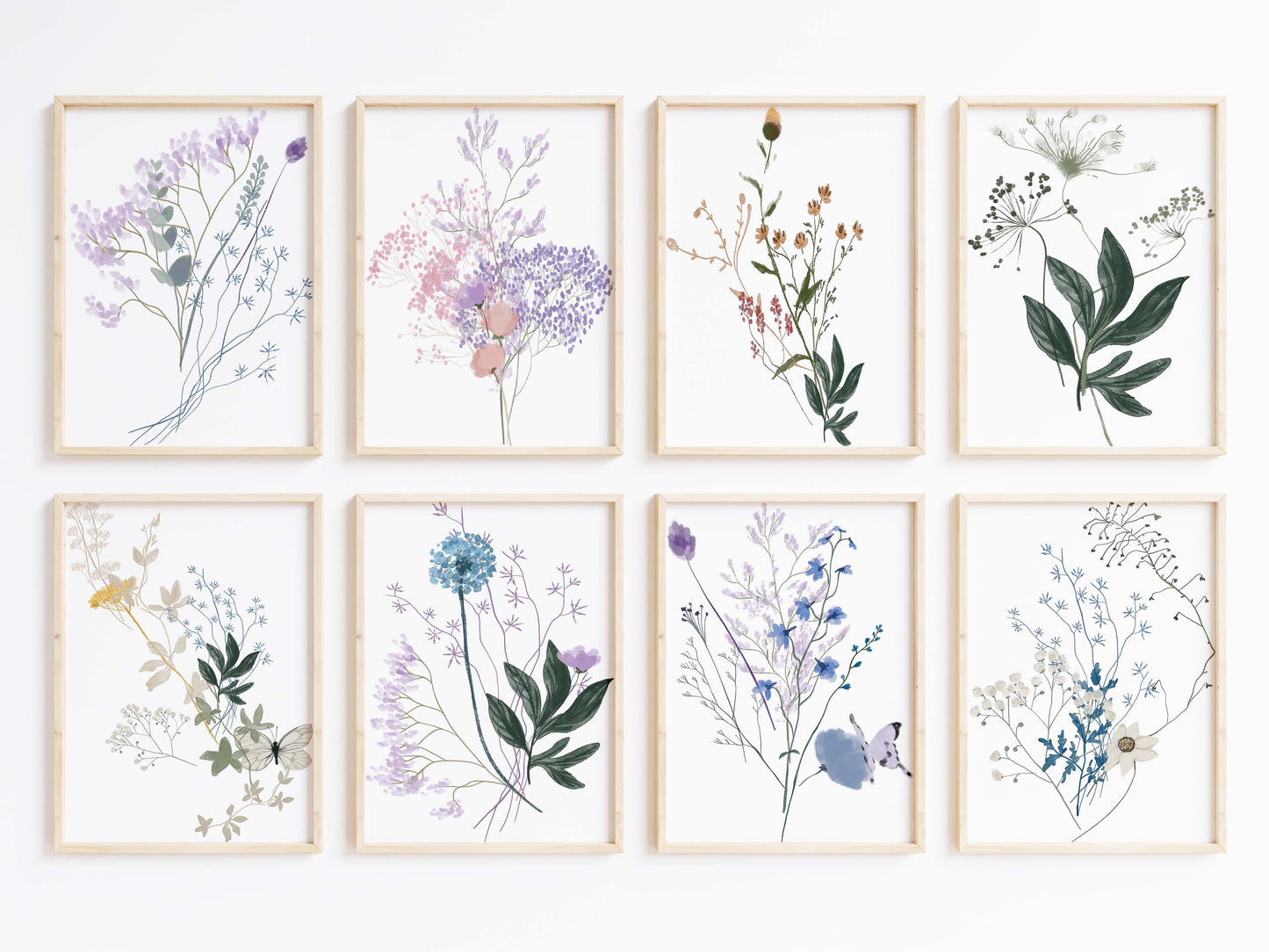 Botanische Wildblumen Poster · Geschenkidee · Zarte Blumenarrangements in Pastellfarben mit Schmetterlingen · Dekoprint ohne Rahmen