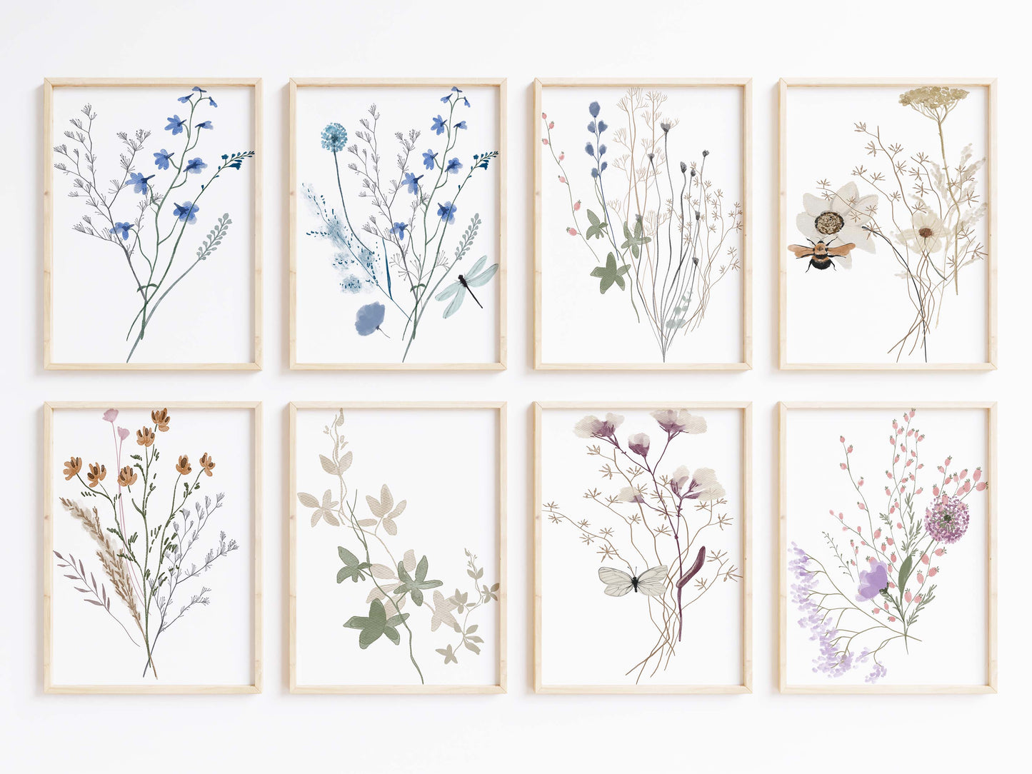 Wildblumen Poster · Geschenkidee · Zarte botanische Blumen mit blauen Blüten und Schmetterlingen · Dekoprint ohne Rahmen