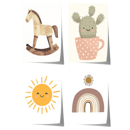 Boho Kinderzimmer Süß Minimal Aquarell Pferd Kaktus Sonne Regenbogen Poster · Kinderzimmer Bilder · Wand Deko · Kunst Druck · Deko Print ohne Rahmen
