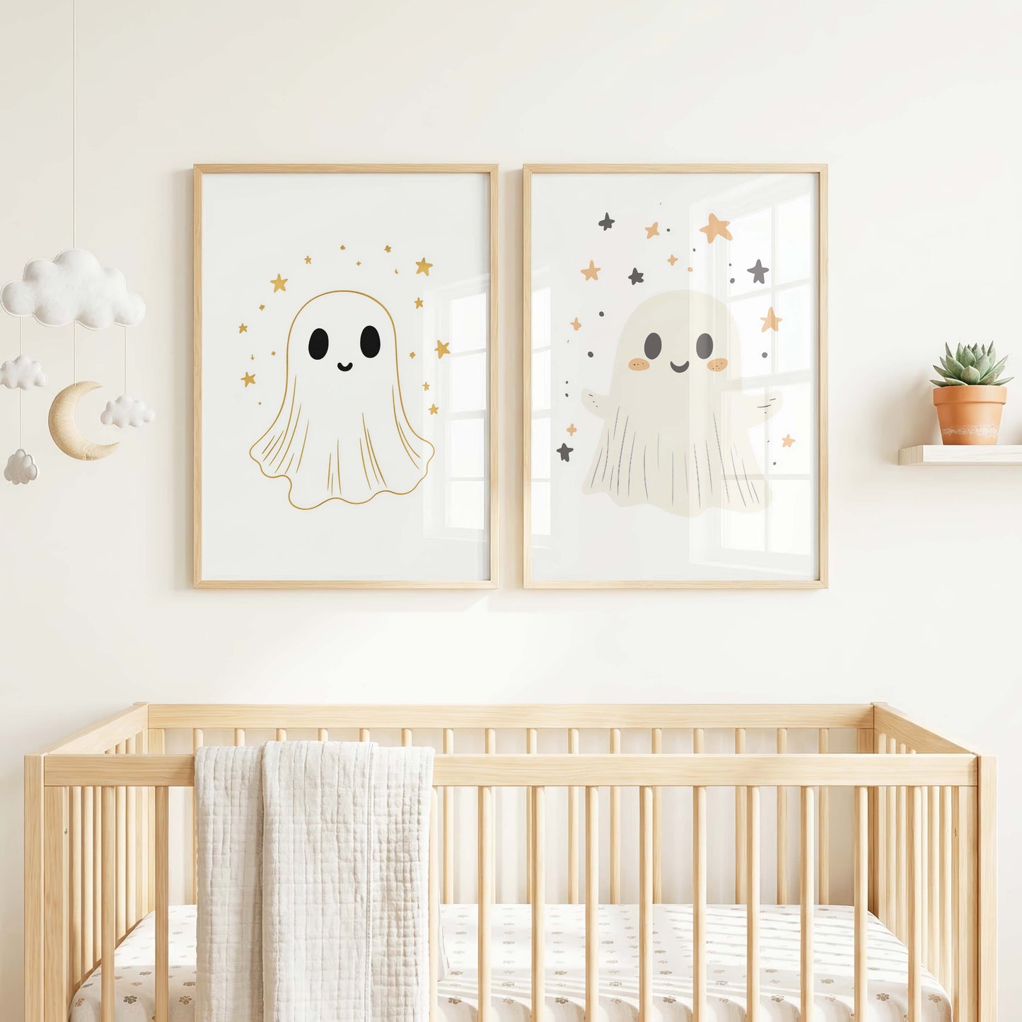 Wal und Gespenster Poster · Geschenkidee · Sanfte Illustration mit Sternen und Blüten · Kinderzimmer Deko · Dekoprint ohne Rahmen