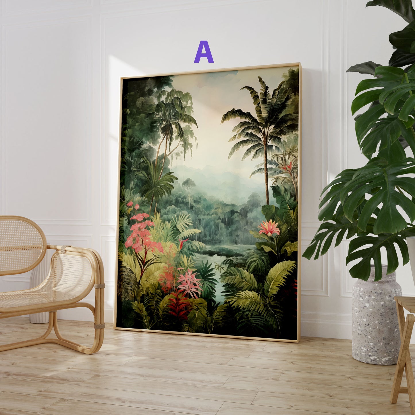 Dschungel Poster · Geschenkidee · Aquarell mit Leopard Papageien Flamingo · Wohnzimmer Deko · Dekoprint ohne Rahmen