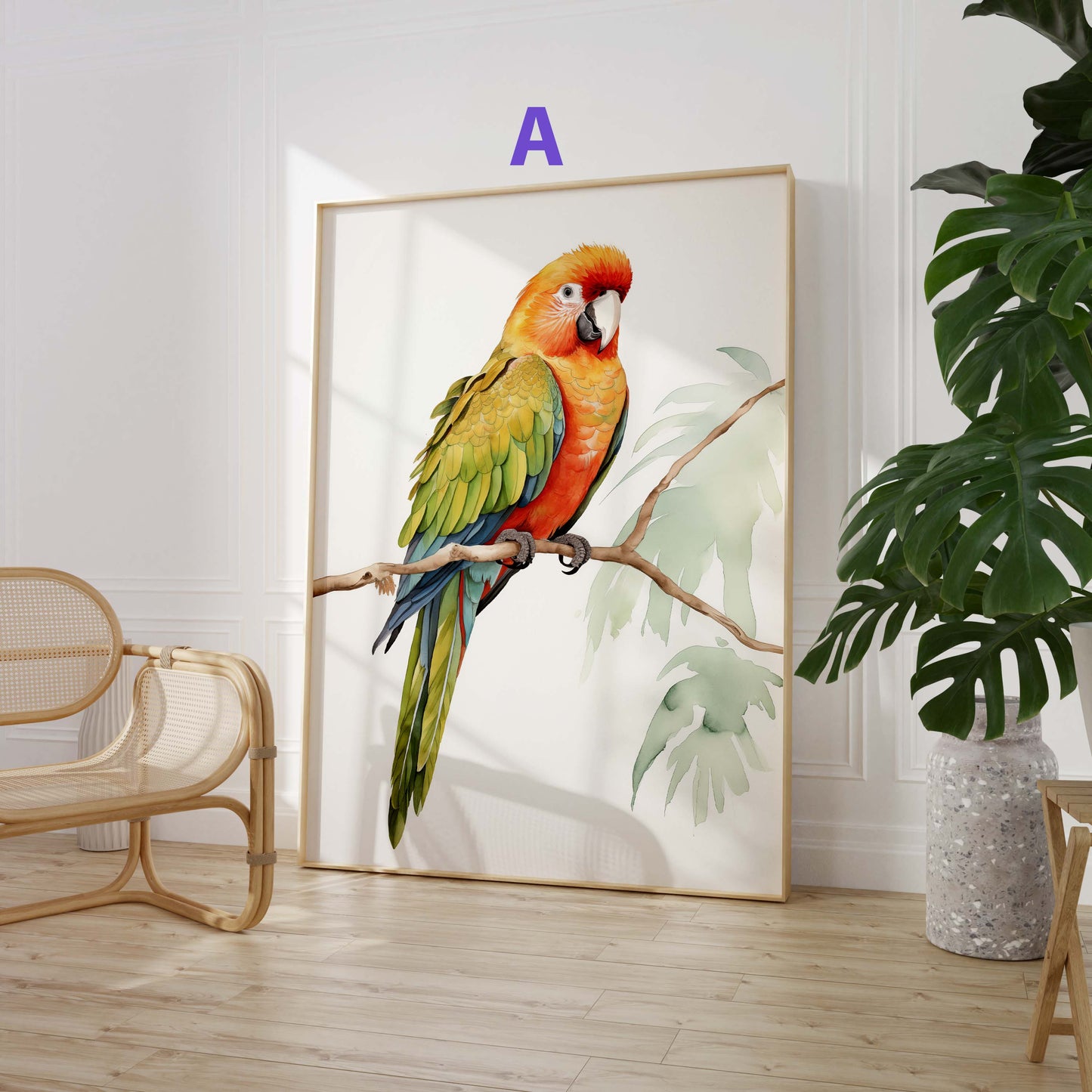 Dschungel Poster · Geschenkidee · Papageien Palmen Botanische Aquarellkunst · Wohnzimmer Dekoprint ohne Rahmen