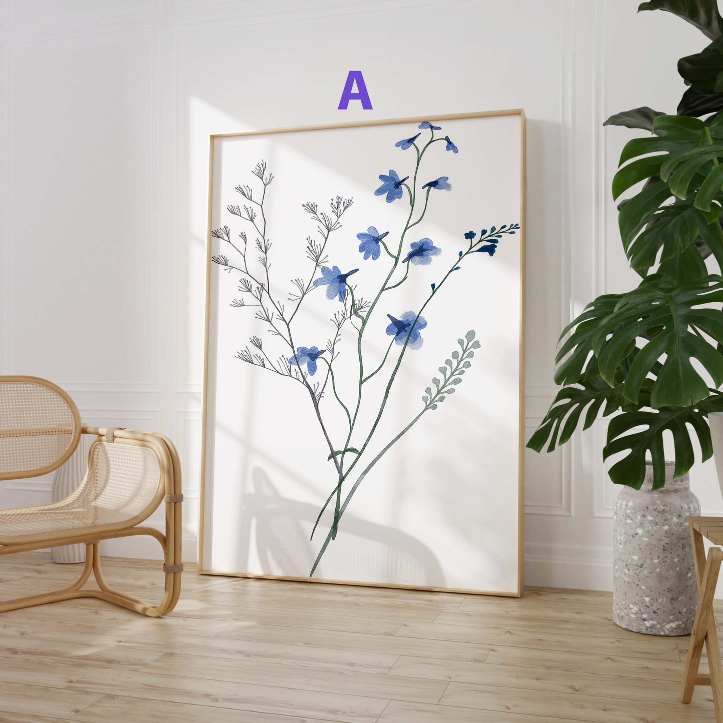 Wildblumen Poster · Geschenkidee · Zarte botanische Blumen mit blauen Blüten und Schmetterlingen · Dekoprint ohne Rahmen
