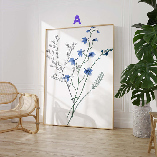 Wildblumen Poster · Geschenkidee · Zarte botanische Blumen mit blauen Blüten und Schmetterlingen · Dekoprint ohne Rahmen