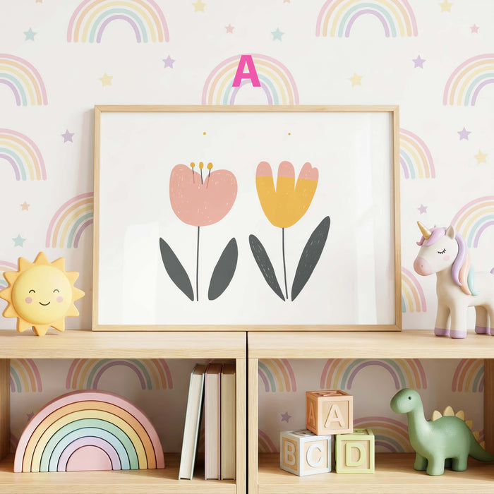 Hasen Poster mit Pastellblumen fürs Kinderzimmer