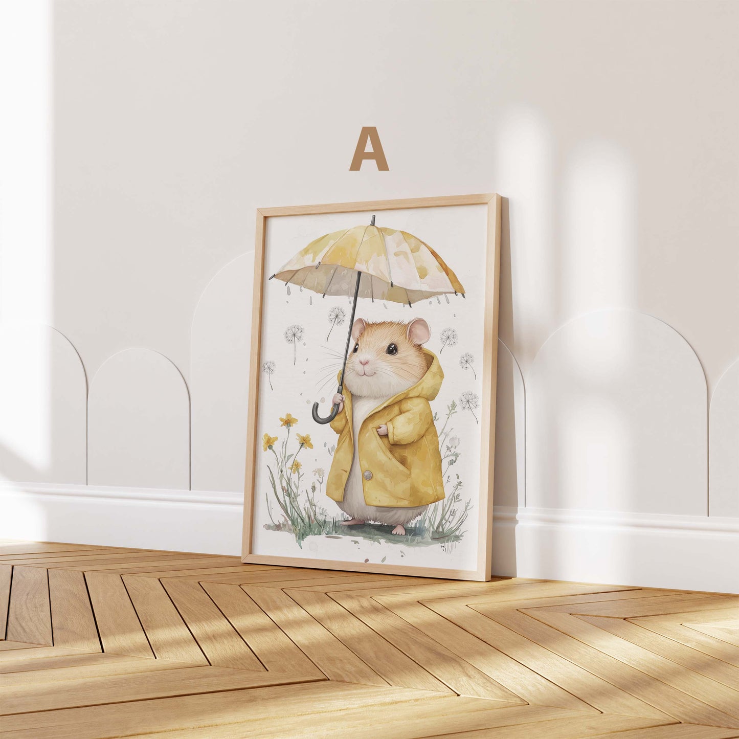 Süßer Regen Tag Tier Poster · Geschenkidee · Aquarell Waldtier Illustration mit Regenschirm · Kinderzimmer Wanddeko · Print ohne Rahmen