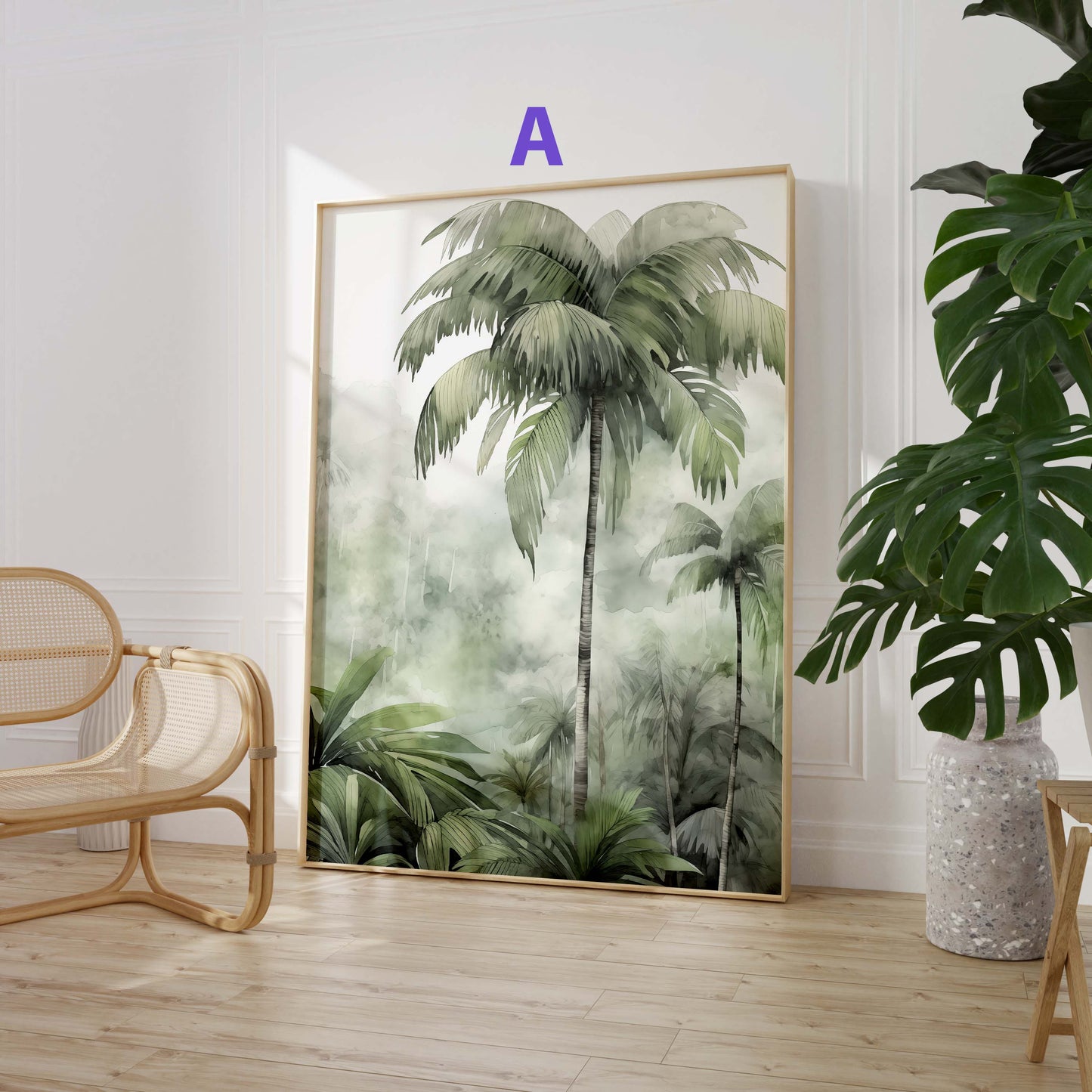 Tropische Pflanzen Poster · Geschenkidee · Aquarell Dschungelblätter und Tiger · Wohnzimmer Dekoprint ohne Rahmen