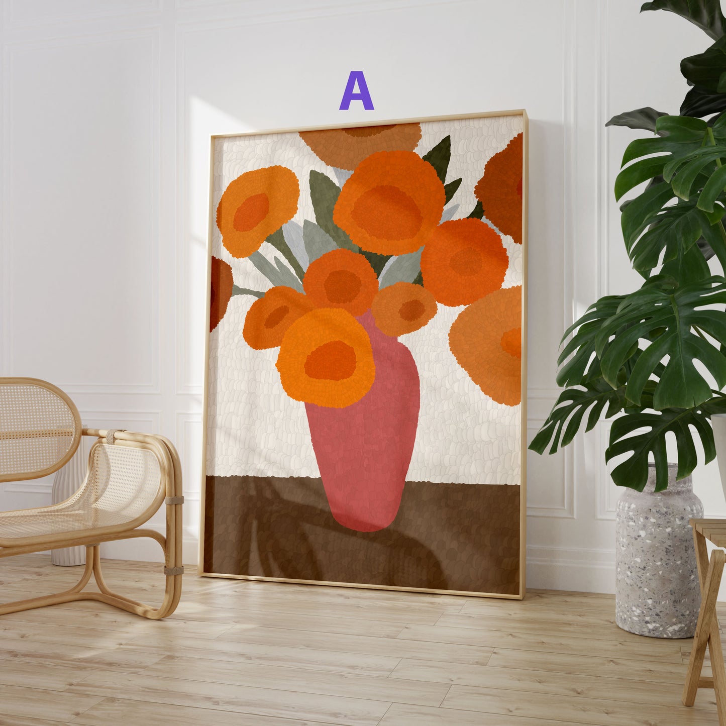 Blumen Poster · Geschenkidee · Bunte Blumenvasen, Stillleben und Abstrakte Wellenkunst · Dekoprint ohne Rahmen